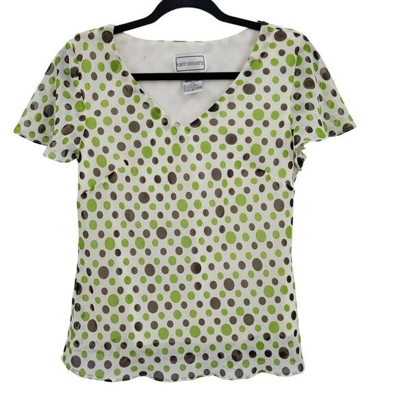 Vintage Karin Stevens Blouse S Green Brown Polka Dot Sheer Flutter Sleeve V-neck - Picture 1 of 9